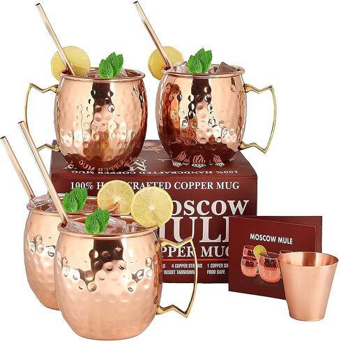 will's Moscow Mule Copper Mugs - Set of 4-100% Pure Solid Copper Mugs - 16 oz Premium Gift Set with 4 Cocktail Copper Straws, Shot Glass and Recipe Booklet (Set of 4) in Saudi Arabia