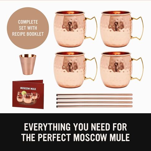 will's Moscow Mule Copper Mugs - Set of 4-100% Pure Solid Copper Mugs - 16 oz Premium Gift Set with 4 Cocktail Copper Straws, Shot Glass and Recipe Booklet (Set of 4) in Saudi Arabia