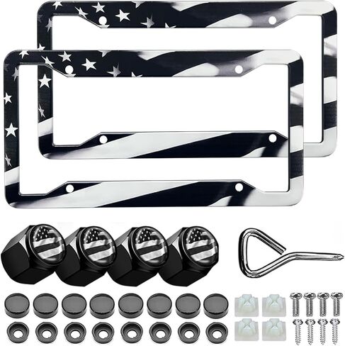 Black American Flag License Plate Frames - 2 Pack Patriotic Aluminum Metal Matte Gloss Stars Stripe US Flag Car Tag Plate Frame Holder Covers with 4 Fluttering Flag Car Valve Caps and Screws in Saudi Arabia