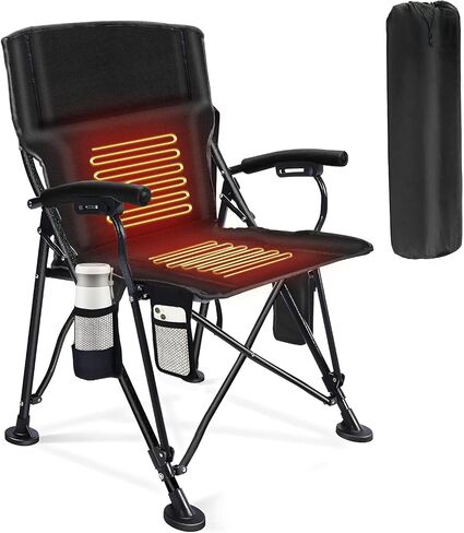Heated Camping Chair with Storage Bag, Outdoor Heated Chair with Heats Back and Seat, 3 Heat Levels Heated Folding Chair for Outdoor Sports with Cup Holder, Rich Pockets in Saudi Arabia