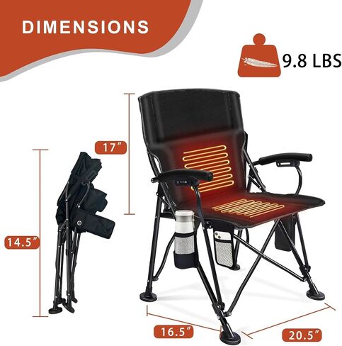 Heated Camping Chair with Storage Bag, Outdoor Heated Chair with Heats Back and Seat, 3 Heat Levels Heated Folding Chair for Outdoor Sports with Cup Holder, Rich Pockets in Saudi Arabia