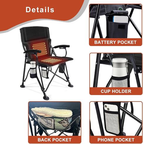 Heated Camping Chair with Storage Bag, Outdoor Heated Chair with Heats Back and Seat, 3 Heat Levels Heated Folding Chair for Outdoor Sports with Cup Holder, Rich Pockets in Saudi Arabia