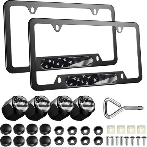 Black American Flag License Plate Frames - 2 Pack Patriotic Aluminum Metal Matte Gloss Stars Stripe US Flag Car Tag Plate Frame Holder Covers with 4 Fluttering Flag Car Valve Caps and Screws in Saudi Arabia