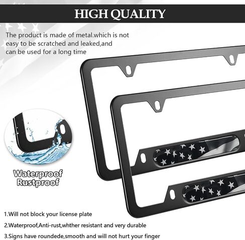 Black American Flag License Plate Frames - 2 Pack Patriotic Aluminum Metal Matte Gloss Stars Stripe US Flag Car Tag Plate Frame Holder Covers with 4 Fluttering Flag Car Valve Caps and Screws in Saudi Arabia