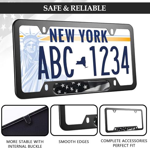 Black American Flag License Plate Frames - 2 Pack Patriotic Aluminum Metal Matte Gloss Stars Stripe US Flag Car Tag Plate Frame Holder Covers with 4 Fluttering Flag Car Valve Caps and Screws in Saudi Arabia