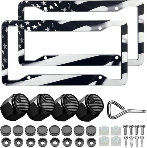 Black American Flag License Plate Frames - 2 Pack Patriotic Aluminum Metal Matte Gloss Stars Stripe US Flag Car Tag Plate Frame Holder Covers with 4 Fluttering Flag Car Valve Caps and Screws in Saudi Arabia