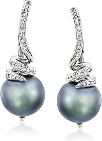 Ross-Simons 10-11mm Black Cultured Pearl and .10 ct. t.w. Diamond Drop Earrings in Sterling Silver in Saudi Arabia