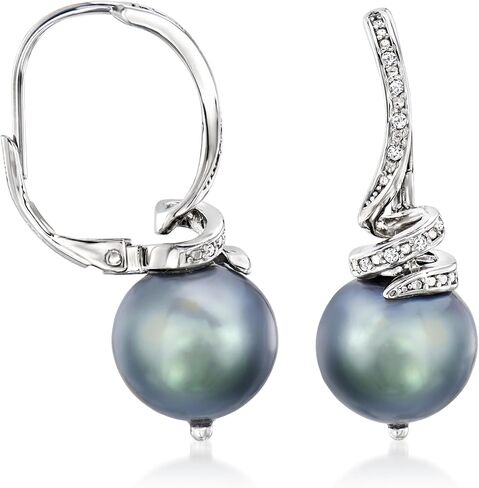 Ross-Simons 10-11mm Black Cultured Pearl and .10 ct. t.w. Diamond Drop Earrings in Sterling Silver in Saudi Arabia