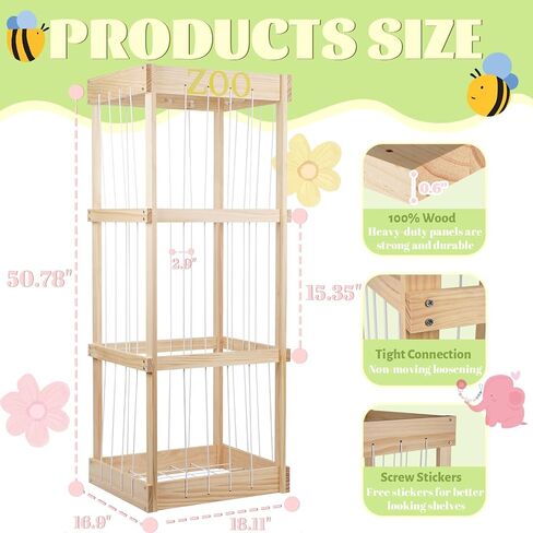 Trycooling Wood Stuffed Animal Zoo Stuffed Animal Storage, Wood | Plushie Storage, Stuffed Animals Zoo Storage Cage with Zoo Pattern Elastic Band for Nursery Play Room Bedroom in Saudi Arabia