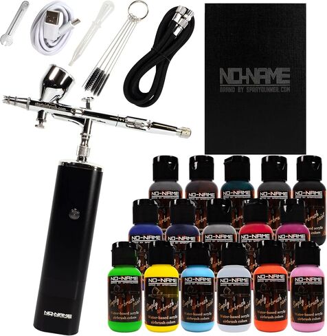 NO-NAME Brand. Cordless Airbrush Kit with Portable Compressor & 5 Water-Based Acrylic Paints Made in USA: Portable Dual Action Airbrush, Ideal for Painting, Makeup, Model, and Nail Art (16-Color) in Saudi Arabia