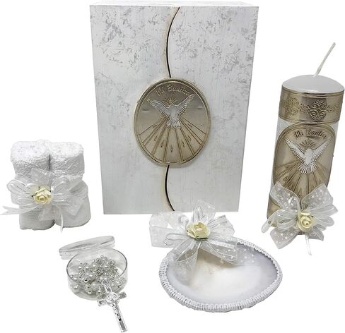 Catholic Baptism Candle Set in a Wooden Box with Towel, Candle, Rosary and Shell for Baby Boys and Girls. Handmade in Mexico Gift for Godparents. Holy Spirit Baptism Kit Kit de Bautizo. in Saudi Arabia
