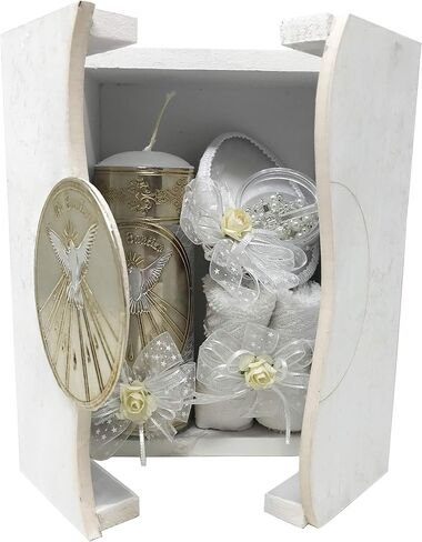 Catholic Baptism Candle Set in a Wooden Box with Towel, Candle, Rosary and Shell for Baby Boys and Girls. Handmade in Mexico Gift for Godparents. Holy Spirit Baptism Kit Kit de Bautizo. in Saudi Arabia