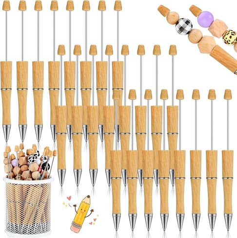 24 Pcs Sports Beadable Pens Bulk DIY Bamboo Pattern Beadable Pens Making Kit Plastic Beadable Ballpoint with Black Ink Refills for Kids Student School Office Gifts in Saudi Arabia