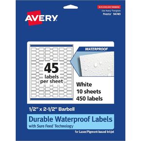 Avery Durable Waterproof Barbell Labels with Sure Feed, 0.5" x 2.5", 450 Oil and Tear-Resistant Waterproof Labels, Laser/Pigment-Based Inkjet Printable Labels