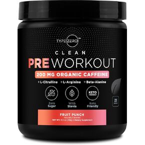 Type Zero Clean Pre Workout (11.3 oz, Fruit Punch) + Beet Root + L-Arginine + L-Citrulline, 2G Arginine, L-Citrulline Malate, Beta A, Sugar Free, Organic Caffeine Preworkout for Men & Women