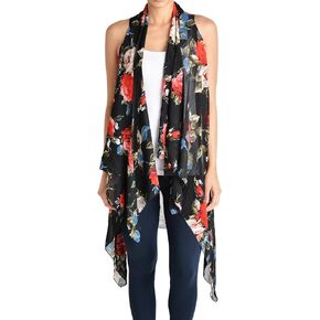 Women's Open Asymmetrical Hem Vest Cardigan (One Size, Rose - Black)