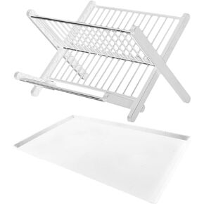 DOITOOL Stainless Steel Dish Drying Rack for Kitchen Counter: 2-Tier Dish Drainer Kitchen Plate Rack with Drainboard - Foldable and Compact for Space-Saving Storage, White