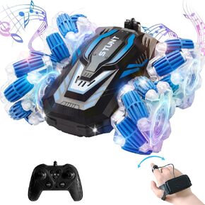 Remote Control car, 2.4GHz 4WD Gesture-Sensing RC Stunt car, Double-Sided 360° flip, with Cool Light and Music, Birthday Gift Toy car for Boys and Girls Aged 6-12 (Blue)
