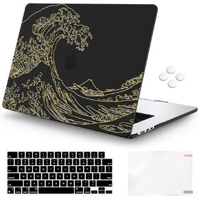 iLeadon Compatible with MacBook Air 15 inch Case 2023 Release M2 Chip Model A2941, Hard Shell Case with Screen Protector & TPU Keyboard Cover, Kanagawa Translucent Matte Black Gold