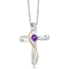 Gem Stone King Infinity Cross Necklace For Women | 925 Sterling Silver and 10K Yellow Gold | Gemstone Birthstone and White Lab Grown Diamond Cross Faith Pendant Necklaces | with 18 Inch Chain