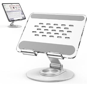 MoKo Acrylic Tablet Stand Holder - Adjustable iPad Stand with Aluminum 360° Rotating Base, Compatible with 4.7-12.9inch Device Such as iPad Pro 12.9, iPad Pro 11/10.9/10.2, iPad Air/Mini, Clear+Silver