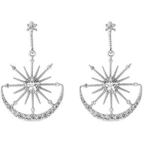 Shiny CZ Crescent Moon Star Dangle Earrings for Women Girls 925 Sterling Silver Post Pin White Gold Plated Cute Crystal Charms Drop Dangling Stud Delicate Statement Jewelry Gifts Birthday Christmas Wedding