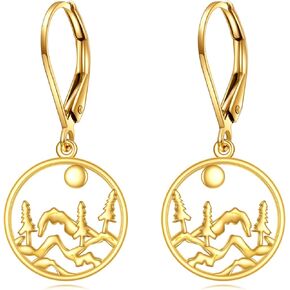 Gold Mountain Earrings 14k Gold Sun Mountain and Tree Dangle Earrings Fine Gold Nature Leverback Earrings Jewelry Gifts for Women Girls