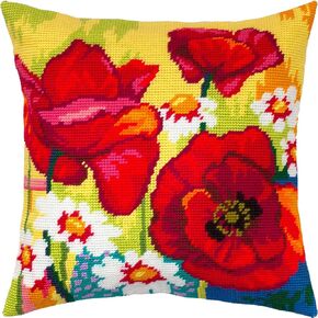 Brvsk Still Life with Poppies and Daisies. Stamped Cross-Stitch Kit. Throw Pillow 16×16 Inches. Printed Tapestry Canvas, European Quality