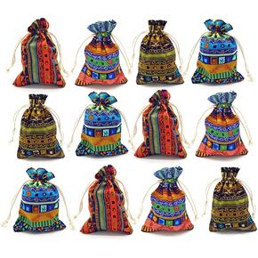 12pc Egyptian Style Jewelry Coin Pouches Aztec Print Drawstring Gift Bag Party Accessories Brocade Cotton Sachet Candy Present Pouch Travel Purse Ethnic (12)