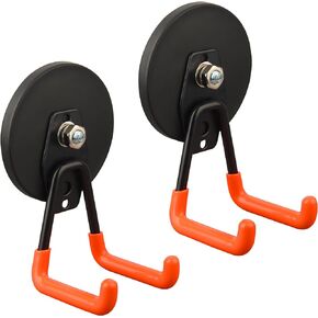 ULIBERMAGNET Heavy Duty Magnetic Hooks,Strong Large Magnet Hooks for Power Drill,Garden Tools, Hose,Pegboard,Garage, Workshop,2 Pack Magnetic Storage Hooks for Hanging(Orange/3.46INCH)
