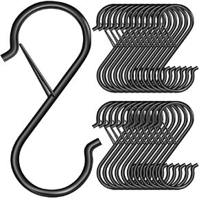 S Hooks for Hanging, Heavy Duty S Hooks with Safety Buckle, 8pcs Small Metal S Shaped Hook for Hanging Plants,Pots, Closet, Kitchen Utensil, Clothes, Jeans, Baskets, Christmas Hanging Lights Black