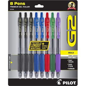 Pilot, G2 Premium Gel Roller Pens, Bold Point 1 mm, Pack of 8, Assorted Colors