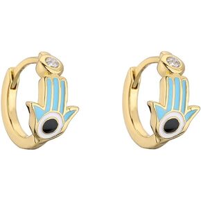 Blue Evil Eye Small Hoop Earring Protection Hamsa Hand of Fatima Cubic Zirconia Tiny Cuff Sleeper Mini Huggie Lucky Crystal Jewelry Gift for Women Teen Girl Birthday Bff Xmas