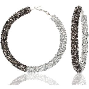 Glitter Bohemian Rhinestone Statement Hoop Earrings for Women Teen Girls,Large Sparkly Crystal Round Hoops Beach Holiday Jewelry Gift