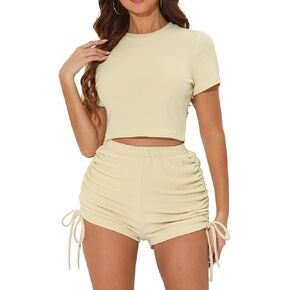 Allegra K Casual Workout Outfits 2 Piece for Women's Short Sleeve Top with Drawstring Shorts Sets