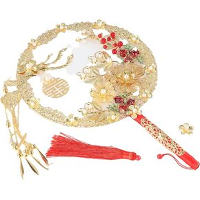 Chinese Vintage Round Fans, Phoenix Shaped Alloy Fan, Gold Flower Hand Holding Fan with Tassel, Wedding Bride Group Fan