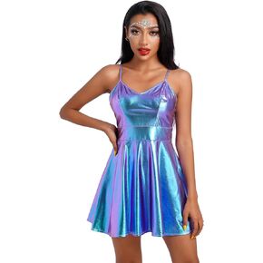 ABAFIP Women Shiny Holographic Sleeveless V-Neck High Waist Rave Disco Dance Party Music Festival Dress 70s Outfit