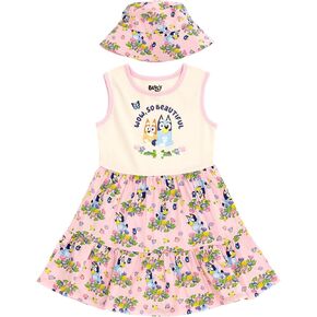 Bluey Floral Girls Dress and Bucket Sun Hat Toddler to Big Kid