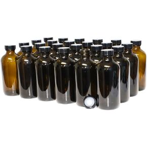 GlassBottleOutlet (Pack of 24) 8 oz. Amber Boston Round with Black Poly Cone Cap
