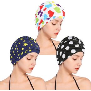Women Nylon Swim Caps, Fabric Cloth Pleated Elastic Swimming Cap Bathing Cap Swim Hats for Thick Curly Long Short Hair,3 pcs