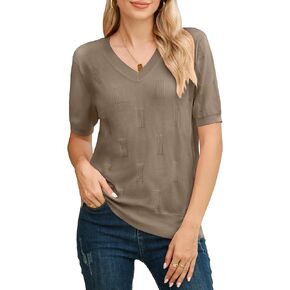 Women's Summer Short Sleeve Sweater Tops V Neck Pullover Shirt Lightweight Knit Sweater