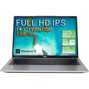 Fusion5 13th Gen 14.1" Full HD Windows 11 Laptop - 512GB M.2 SSD Storage, 8GB DDR5 RAM, T90B Pro, N100 Intel Quad Core, Dual WiFi, USB 3.0, 2MP, Webcam, 2023 Model