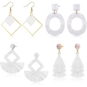 4 Pairs White Earrings for Women Layered Tassel Dangle Earrings Bohemian Geometric Earrings Mottled Hoop Bead Earrings