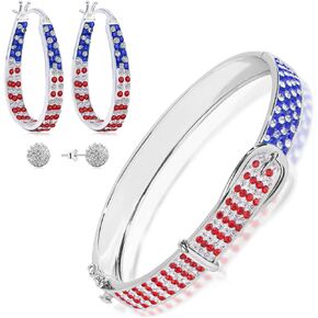 American Flag Earrings, Silver Plated Red White and Blue Bracelet,Crystal Hoop Earrings Patriotic Jewelry For Women