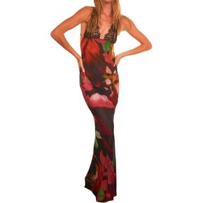 NUFIWI Women Sexy Backless Floral Print Long Dress Spaghteei Strap Bodycon Maxi Dresses Low Cut Adorable TIK Tok Dress Wear