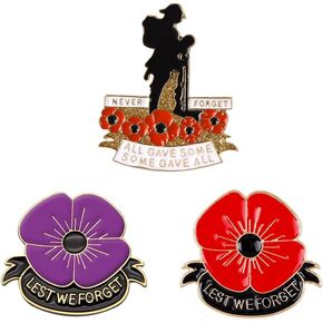 Acxico 3Pcs Never Forget Red Poppy Pin Brooch and Lest We Forget Enamel Poppy Brooches Pins Flowers Badge Brooch