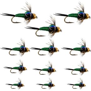 The Fly Fishing Place Bead Head Green Copper John Nymph Fly Fishing Flies Assortment - Set of 12 Flies Hook Size 12, 14, 16, 18