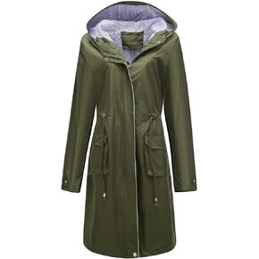 Women Waterproof Lightweight Long Rain Jacket Outdoor Casual Hooded Long Trench Coat