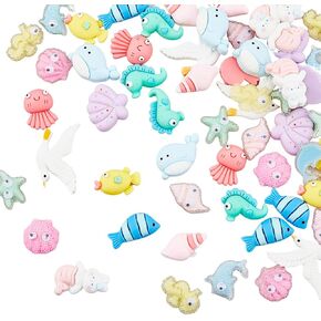 56Pcs 14 Styles Resin Marine Animals Charms Flat Back Decoration Opaque Resin Colorful Ocean Theme Rubber Bead for Scrapbooking Craft Phone Case Making DIY Crafting