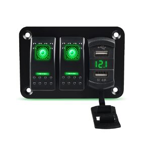 WATERWICH 2 Gang Rocker Switch Panel with 4.8A Dual USB Charger LED Voltmeter Waterproof ON-Off Switch with Night Glow Stickers for RV Vehicle Truck Boat Car